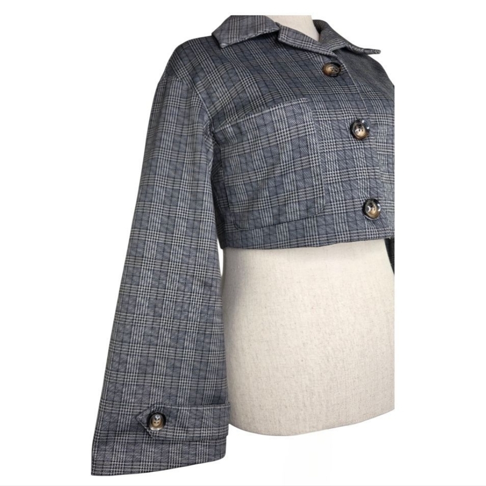 Farrow M Cropped Plaid Button Front Jacket Glen Check Boxy Stretch Blazer - Picture 3 of 10
